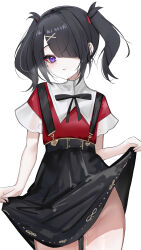Rule 34 | 1girl, absurdres, ame-chan (needy girl overdose), black hair, black ribbon, black skirt, blunt bangs, blush, breath, closed mouth, clothes lift, collared shirt, commentary request, cowboy shot, hair ornament, hair over one eye, hair tie, highres, lifting own clothes, light smile, looking at viewer, neck ribbon, needy girl overdose, no panties, purple eyes, pussy juice, red shirt, ribbon, rifufu, shirt, shirt tucked in, simple background, skirt, skirt lift, solo, standing, suspender skirt, suspenders, sweatdrop, twintails, white background, x hair ornament