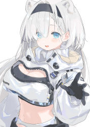 Rule 34 | 1girl, animal ears, arknights, aurora (arknights), bear ears, black gloves, black hairband, blue eyes, breasts, cleavage, commentary, cropped jacket, eyebrows hidden by hair, eyes visible through hair, gloves, hair ornament, hairband, hairclip, highres, jacket, kinutani yutaka, large breasts, long hair, midriff, simple background, solo, symbol-only commentary, upper body, white hair, white jacket