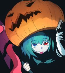 4rdilla black_background blue_eyes blue_hair blue_vest halloween heterochromia highres holding holding_pumpkin holding_umbrella jack-o&#039;-lantern karakasa_obake pumpkin purple_umbrella red_eyes shadow shirt tatara_kogasa tongue tongue_out touhou tsukumogami umbrella vest white_shirt