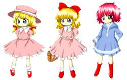 3girls ana_(mother) blonde_hair blue_eyes dress hood hooded_jacket jacket kumatora memorisleep mother_(game) mother_1 mother_2 mother_3 multiple_girls nintendo parody paula_(mother_2) pink_dress retro_artstyle shirt short_hair smile striped_clothes striped_shirt zun_(style)