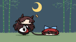 Rule 34 | +++, animal ears, bad id, bad pixiv id, bamboo, blue background, blue bow, bow, brooch, brown hair, crescent moon, disembodied head, grass, imaizumi kagerou, jewelry, kurokoori, leash, long hair, long sleeves, moon, multicolored clothes, red hair, sekibanki, short hair, simple background, sweatdrop, touhou, wolf ears