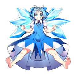 Rule 34 | 1girl, baba (baba seimaijo), barefoot, blue dress, blue eyes, blue hair, bow, cirno, dress, feet, full body, grin, hair bow, highres, ice, ice wings, looking at viewer, matching hair/eyes, parody, puffy short sleeves, puffy sleeves, shirt, short sleeves, smile, solo, style parody, tachi-e, touhou, transparent background, wings