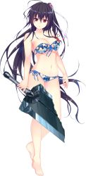 Rule 34 | 1girl, artist request, barefoot, bikini, black hair, blue bikini, breasts, broken, broken sword, broken weapon, copyright request, floral print, front-tie bikini top, front-tie top, frown, full body, hair ornament, hair ribbon, highres, holding, holding sword, holding weapon, large breasts, long hair, looking at viewer, non-web source, red eyes, ribbon, side-tie bikini bottom, solo, strapless, strapless bikini, swimsuit, sword, transparent background, very long hair, weapon