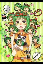 Rule 34 | 6+girls, ^ ^, alternate hairstyle, black legwear, bob cut, braid, breasts, broken mask, chise (choco529), chitose, cleavage, closed eyes, green eyes, green hair, gumi, hand to own mouth, heart, juu mensou (vocaloid), mask, mini person, minigirl, miniskirt, multiple girls, multiple persona, one eye closed, parted bangs, puppet, short hair, skirt, swept bangs, thighhighs, twin braids, vocaloid, wink
