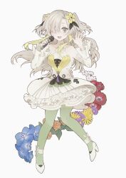 Rule 34 | 1girl, anemone (flower), bare shoulders, blonde hair, blush, detached sleeves, dress, floating hair, flower, frilled dress, frills, full body, green eyes, green pantyhose, grey hair, hair flower, hair ornament, hair over one eye, hands up, high heels, highres, holding, holding microphone, isekai joucho, kamitsubaki studio, long hair, looking at viewer, microphone, multicolored hair, nemophila (flower), open mouth, pantyhose, rose, shouyuuchahan, simple background, sleeveless, sleeveless dress, smile, solo, two-tone hair, two side up, virtual youtuber, white background, white footwear, yellow flower