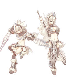 Rule 34 | 2girls, blue eyes, breast suppress, breasts, capcom, cleavage, dual wielding, fur, gauntlets, gloves, green eyes, hairband, holding, horns, huge weapon, kirin (armor), large breasts, leg up, loincloth, middle finger, midriff, monster hunter, monster hunter (series), monster hunter frontier, multiple girls, muso-comet, navel, panties, shadow, sheath, sheathed, simple background, single horn, strapless, sword, thighhighs, tube top, underwear, weapon, white hair, white panties