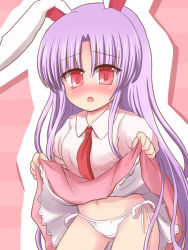 Rule 34 | 1girl, animal ears, bad anatomy, blush, clothes lift, long hair, necktie, open mouth, panties, purple hair, rabbit ears, red eyes, red necktie, reisen udongein inaba, ry (yagoyago), side-tie panties, skirt, skirt lift, solo, striped, striped background, touhou, underwear, very long hair, white panties