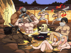 Rule 34 | 6+boys, abs, alcohol, ass, axl low, back, black hair, blonde hair, blurry, blurry background, bottle, boulder, breasts, brown hair, chipp zanuff, closed eyes, commentary, completely nude, crossed legs, dark-skinned male, dark skin, depth of field, eddie (guilty gear), facial hair, fire, flexing, guilty gear, highres, holding, holding bottle, holding weapon, ky kiske, leo whitefang, long hair, male focus, manly, mito anji, multiple boys, muscular, nagoriyuki, naked towel, no nipples, nude, onsen, outdoors, partially submerged, ponytail, potemkin (guilty gear), shoulder blades, sitting, smile, soaking feet, sol badguy, tina fate, towel, very dark skin, water, weapon, zato-1