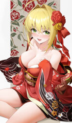 Rule 34 | 1girl, absurdres, bare shoulders, blonde hair, breasts, cleavage, fate/extra, fate (series), flower, green eyes, hair flower, hair ornament, highres, japanese clothes, kimono, legs, legs out of frame, medium breasts, nero claudius (fate), nero claudius (fate) (all), open mouth, rose, shenqi xiao hong zai nali, solo