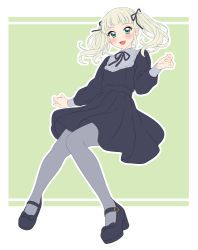 Rule 34 | 1girl, :d, absurdres, aikatsu!, aikatsu! (series), black dress, black footwear, black ribbon, blonde hair, blue eyes, blush, border, dot nose, dress, flat chest, floating, floating hair, full body, green background, grey pantyhose, hair ribbon, hand up, high heels, highres, long sleeves, looking at viewer, neck ribbon, open mouth, outline, pantyhose, ribbon, sekina, shoes, smile, solo, todo yurika, twintails, white border, white outline