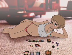 Rule 34 | 1girl, absurdres, card, carpet, choker, full body, highres, incredibly absurdres, jewelry, jula, living room, magic, necklace, panties, short hair, tank top, underwear
