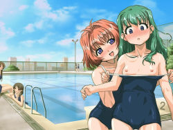 Rule 34 | 00s, 4girls, antenna hair, arms at sides, assisted exposure, blue eyes, blue one-piece swimsuit, blush, breasts, cameltoe, chain-link fence, clothes pull, competition school swimsuit, day, fence, green hair, hair intakes, head tilt, jpeg artifacts, miyafuji miina, multiple girls, nipples, no nose, nose blush, one-piece swimsuit, one-piece swimsuit pull, onegai twins, onodera karen, outdoors, parted bangs, pool, pool ladder, public indecency, public nudity, pulling another&#039;s clothes, red hair, school swimsuit, small breasts, surprised, swimsuit, undressing, wavy hair, yuri