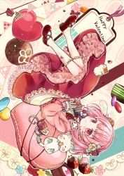 Rule 34 | 1girl, absurdres, blunt bangs, blush, bow, box, candy, cardigan, cat, chocolate, closed mouth, collared shirt, cross-laced footwear, double bun, english text, flower, food, frilled skirt, frilled sleeves, frilled socks, frills, gift, gift box, hacosumi, hair bow, hair bun, hair flower, hair ornament, hamster, highres, holding, holding gift, kneehighs, long skirt, long sleeves, looking at viewer, macaron, medium hair, neck ribbon, original, oversized food, oversized object, petticoat, pink eyes, pink hair, ribbon, shirt, skirt, smile, socks, solo, sweets, valentine
