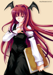 Rule 34 | 1girl, armband, bat wings, book, commentary request, cowboy shot, dress shirt, hair intakes, hand on own chest, head wings, hitsuki rei, holding, holding book, juliet sleeves, koakuma, long hair, long skirt, long sleeves, looking away, parted lips, puffy sleeves, red eyes, red hair, shirt, simple background, skirt, skirt set, solo, tan background, touhou, very long hair, vest, white shirt, wings