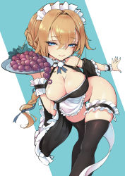 Rule 34 | 1girl, absurdres, aqua nails, blue eyes, bottomless, braid, breasts, ce201212010128, cleavage, food, fruit, gluteal fold, grapes, hair between eyes, highres, holding, holding plate, large breasts, lips, looking at viewer, maid headdress, nail polish, original, plate, seductive smile, single braid, smile, solo, thighhighs