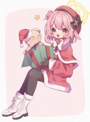 Rule 34 | 1girl, black gloves, black pantyhose, blue archive, blush, boots, box, capelet, christmas, full body, gift, gift box, gloves, halo, hat, highres, holding, long sleeves, open mouth, pantyhose, pink eyes, pink hair, red capelet, red hat, santa hat, serina (blue archive), serina (christmas) (blue archive), simple background, sitting, solo, star (symbol), stuffed animal, stuffed toy, teddy bear, urakichi55, white footwear