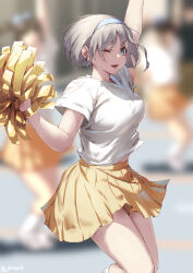 Rule 34 | 3girls, aqua eyes, arm up, blue hairband, blurry, blurry background, breasts, commentary request, fang, grey hair, hairband, holding, holding pom poms, jonsun, looking at viewer, medium breasts, multiple girls, one eye closed, open mouth, original, pleated skirt, pom pom (cheerleading), pom poms, riku (jonsun), shirt, short hair, short sleeves, skin fang, skirt, smile, solo focus, t-shirt, thighs, twitter username, white shirt, yellow skirt