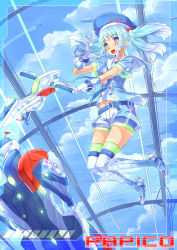 Rule 34 | 1girl, :d, blue eyes, boots, day, gloves, green thighhighs, hat, highres, hover bike, kazeno, open mouth, papico (ice cream), personification, ramune, shirt, short shorts, shorts, sky, smile, thigh boots, thighhighs, twintails, white gloves, white thighhighs