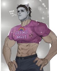Rule 34 | 1boy, abs, absurdres, animal ears, animal print, bara, cat day, cat ears, cat print, clothes writing, cowboy shot, cropped shirt, dead by daylight, english text, fabulous, fake animal ears, highres, large pectorals, looking ahead, male focus, mask, michael myers, muscular, muscular male, navel, necrocto, pants, pectorals, pink shirt, print shirt, rainbow print, shirt, short hair, solo, sparkling aura, standing, stomach, veins, veiny arms