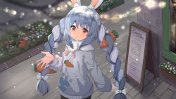 Rule 34 | 1girl, ame., animal ear fluff, animal ears, black pantyhose, blue hair, blush, bow, braid, breath, carrot hair ornament, commentary request, don-chan (usada pekora), food-themed hair ornament, grey sweater, hair between eyes, hair bow, hair ornament, hand up, highres, hololive, long sleeves, multicolored hair, outdoors, pantyhose, parted lips, puffy long sleeves, puffy sleeves, rabbit-shaped pupils, rabbit ears, red eyes, short eyebrows, snowing, sweater, symbol-shaped pupils, thick eyebrows, twin braids, twintails, two-tone hair, usada pekora, virtual youtuber, white bow, white hair