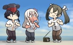 Rule 34 | 3girls, :3, alternate costume, black hair, blue eyes, brown eyes, dancing, closed eyes, flower, flying sweatdrops, grey hair, hair between eyes, hair flower, hair ornament, hamu koutarou, highres, i-13 (kancolle), kantai collection, long hair, looking at another, looking to the side, multiple girls, one-hour drawing challenge, outdoors, radio, remodel (kantai collection), ribbon, ro-500 (kancolle), shirt, shoes, short hair, sweatdrop, twintails, uwu, white ribbon, zui zui dance, zuikaku (kancolle)