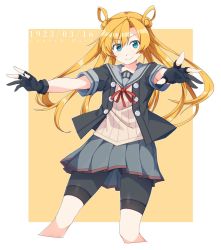 Rule 34 | 1girl, abukuma (kancolle), abukuma kai ni (kancolle), asymmetrical bangs, baseu, black gloves, black jacket, blonde hair, blue eyes, blush, border, buttons, closed mouth, commentary, cropped legs, dated, double bun, english text, gloves, grey sailor collar, grey skirt, hair between eyes, hair bun, hair rings, highres, jacket, kantai collection, long hair, looking at viewer, neck ribbon, outstretched arms, partially fingerless gloves, pleated skirt, red ribbon, ribbon, sailor collar, short sleeves, shorts, shorts under skirt, simple background, skirt, smile, solo, sweater, twintails, v-shaped eyebrows, white border, yellow background, yellow sweater