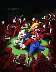 Rule 34 | 1girl, 2boys, adam (artist), black background, blonde hair, blue eyes, boots, brown hair, crowd, crown, dress, facial hair, food, gloves, hat, long hair, luigi, mario, mario (series), mask, multiple boys, mustache, nintendo, open mouth, outdoors, overalls, princess, princess peach, scared, shirt, shy guy, simple background, stylized, super mario bros. 1, super mario bros. 2, surrounded, toad (mario), turnip, tweeter, vegetable, wings, you gonna get raped