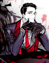 Rule 34 | 1boy, black hair, blood, blue coat, buttons, closed mouth, coat, collared shirt, elbows on table, grey vest, gubo (project moon), hands up, highres, leviathan (project moon), long sleeves, looking at viewer, male focus, necktie, own hands together, project moon, red eyes, red necktie, remsrar, shirt, smile, solo, vest, white shirt