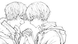 Rule 34 | 2boys, baihua er, closed eyes, dao mu bi ji, face-to-face, forehead-to-forehead, from side, fur-trimmed jacket, fur trim, happy tears, heads together, highres, holding hands, hood, hooded jacket, jacket, lineart, male focus, monochrome, multiple boys, profile, short hair, tears, upper body, wu xie (daomu biji), yaoi, zhang qiling