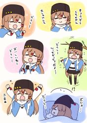 Rule 34 | 1girl, anchor necklace, belt, black belt, black footwear, black headwear, black skirt, blue shawl, boots, bow, brown hair, brown thighhighs, closed eyes, comic, commentary request, food, fur hat, hair between eyes, hair bow, hair ornament, hairclip, hat, jacket, jewelry, kantai collection, long hair, low twintails, military, military uniform, naval uniform, necklace, open mouth, pantyhose, papakha, rabbit, ribbon trim, scarf, shawl, skirt, star (symbol), tashkent (kancolle), thigh boots, thighhighs, torn clothes, torn scarf, translated, twintails, uniform, white jacket, white scarf, yuasa makoto