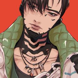 Rule 34 | 1boy, animification, apex legends, black eyes, black hair, black shirt, collarbone, crypto (apex legends), cyborg, grey jacket, hair behind ear, hair over one eye, head tilt, highres, jacket, jewelry, looking at viewer, necklace, red background, shirt, solo, ukiyo okashi, upper body