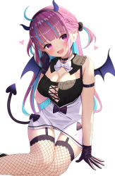 Rule 34 | 1girl, ahoge, arm strap, black gloves, black shirt, blue hair, blush, breasts, cleavage, commentary request, demon horns, demon tail, demon wings, detached collar, fang, fishnet thighhighs, fishnets, garter belt, gloves, heart, highres, hololive, horns, large breasts, long hair, looking at viewer, minato aqua, multicolored hair, open mouth, purple eyes, purple hair, saki (saki paint), shirt, simple background, sitting, skin fang, skirt, smile, solo, tail, thighhighs, two-tone hair, two side up, virtual youtuber, white background, white skirt, wings