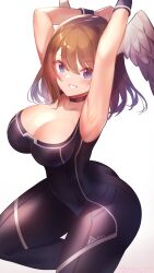 Rule 34 | 1girl, absurdres, armpits, arms behind head, black bodysuit, black choker, blue eyes, bodysuit, breast tattoo, breasts, brown hair, cawang, choker, cleavage, eunie (xenoblade), head wings, highres, large breasts, long hair, looking at viewer, medium hair, monolith soft, open clothes, smile, solo, tattoo, white wings, wings, xeno (series), xenoblade chronicles (series), xenoblade chronicles 3