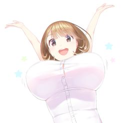 Rule 34 | (tat), 10s, 1girl, arms up, bouncing breasts, breasts, brown eyes, brown hair, chromatic aberration, large breasts, matching hair/eyes, narusawa ryouka, occultic;nine, short hair, simple background, smile, solo, star (symbol), teeth, white background
