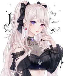 Rule 34 | 1girl, bare shoulders, black nails, black shirt, bow, breasts, brooch, cleavage, clothing cutout, collarbone, crop top, earrings, hair bow, hand up, heterochromia, highres, jewelry, kity1211 tetsu, long hair, long sleeves, looking at viewer, medium breasts, midriff, nail polish, necklace, original, parted lips, pink eyes, purple eyes, see-through, shirt, shoulder cutout, sidelocks, silver hair, simple background, solo, twintails, upper body, white background