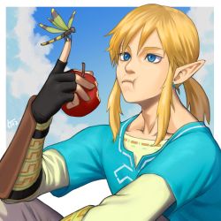 Rule 34 | 1boy, 5tatsu, apple, arm guards, artist name, black gloves, blonde hair, blue eyes, blue tunic, bug, cloud, cloudy sky, collarbone, dragonfly, earrings, eating, fingerless gloves, food, fruit, full mouth, gloves, hair between eyes, highres, holding, holding food, holding fruit, insect, insect on finger, jewelry, link, long sleeves, low ponytail, male focus, medium hair, nintendo, outdoors, pants, pointing, pointy ears, red apple, shirt, short ponytail, short sleeves, sidelocks, sitting, sky, solo, the legend of zelda, the legend of zelda: breath of the wild, upper body, white pants, white shirt