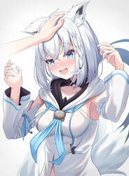 Rule 34 | 1girl, ahoge, animal ear fluff, animal ears, blue neckerchief, blush, braid, breasts, collarbone, commentary request, detached sleeves, earrings, fox ears, fox girl, fox tail, green eyes, hair between eyes, hand on another&#039;s head, highres, hololive, hood, hoodie, jewelry, long hair, looking at viewer, medium breasts, neckerchief, open mouth, pov, pov hands, shirakami fubuki, shirakami fubuki (1st costume), sidelocks, simple background, single braid, suicabar72, tail, virtual youtuber, white background, white hair, white hoodie