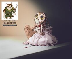 Rule 34 | absurdres, animal, animal in mouth, artist name, bird, black eyes, blood, claws, colored sclera, dead animal, dress, english text, frilled dress, frills, grey dress, highres, looking up, mouse (animal), neytirix, original, owl, personification, torn wings, wings, yellow sclera