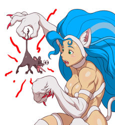 Rule 34 | 1girl, animal ears, animal hands, big hair, blue hair, breasts, capcom, cat ears, cat girl, cat tail, claws, fangs, felicia (vampire), fur, large breasts, long hair, mouse (animal), muscular, muscular female, simple background, solo, surprised, tail, teeth, upper teeth only, vampire (game), white background, yamamiya hiroshi