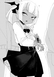 Rule 34 | 1girl, ?, ^^^, absurdres, bad id, bad twitter id, blood, blood bag, blush, collared shirt, commentary request, dark skin, greyscale, hair ornament, hand on another&#039;s shoulder, highres, holding, jacket, long sleeves, monochrome, nail polish, original, pants, parted lips, pleated skirt, shirt, side ponytail, simple background, skirt, solo focus, surio, white background