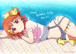 Rule 34 | 1girl, a chika-tastic summer (love live!), absurdres, alternate hairstyle, antenna hair, artist name, artist request, bare legs, bare shoulders, bikini, bikini under clothes, blue pants, blue shorts, blush, bow, bracelet, braid, breasts, bridal garter, cleavage, clothes writing, collarbone, earrings, female focus, food-themed hair ornament, hair bow, hair ornament, hairclip, halterneck, heart (symbol), highres, jewelry, looking at viewer, love live!, love live! school idol festival, love live! school idol festival all stars, love live! sunshine!!, medium hair, off-shoulder shirt, off shoulder, on floor, open fly, orange bow, orange hair, orange hair ornament, pants, parted bangs, parted lips, pearl bracelet, pink bikini, polka dot, polka dot bow, ponytail, red eyes, ribbon, see-through, see-through shirt, see-through sleeves, shirt, short hair, short sleeves, shorts, side braid, side ponytail, single braid, small breasts, smile, solo, strap slip, striped bikini, striped bow, striped clothes, striped pants, striped shorts, striped tank top, suspenders, suspenders hanging, swimsuit, takami chika, tank top, thighhighs, thighlet, triangle hair ornament, two-tone bikini, vertical-striped clothes, vertical-striped shorts, wrist bow, yellow bow, yellow ribbon