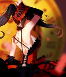 Rule 34 | 1girl, backless dress, backless outfit, bare shoulders, black hair, breasts, cross-laced clothes, cross-laced dress, date a live, dcoagt, detached sleeves, dress, headdress, long hair, looking at viewer, red eyes, sideboob, sleeveless, solo, tokisaki kurumi, twintails, upper body