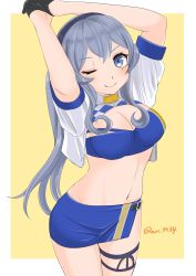 Rule 34 | 1girl, ari (ari m34), arms up, bandeau, black gloves, blue bandeau, blue eyes, blue hair, blue skirt, border, breasts, cleavage, cowboy shot, cropped jacket, gloves, gotland (kancolle), hair bun, half gloves, headset, highres, jacket, kantai collection, large breasts, long hair, looking at viewer, microphone, midriff, miniskirt, mole, mole under eye, one-hour drawing challenge, one eye closed, race queen, single hair bun, skirt, solo, standing, twitter username, two-tone background, white border, white jacket, yellow background