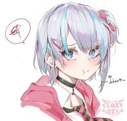 Rule 34 | 1girl, absurdres, aoi id, blue eyes, blue hair, blush, choker, closz, gita melodia, hair ornament, hairclip, highres, looking to the side, multicolored hair, musical note, pale skin, silver hair, solo, spoken squiggle, squiggle, virtual youtuber