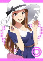 Rule 34 | 1girl, :d, bag, belt, belt buckle, black bow, blue dress, blush, bow, breasts, brown hair, buckle, character name, collarbone, dress, handbag, hands on headwear, hat, hat bow, heart, heart background, idolmaster, idolmaster (classic), long hair, looking at viewer, minase iori, open mouth, red eyes, round teeth, short sleeves, shoulder bag, small breasts, smile, solo, straight hair, sun hat, taku1122, teeth, upper body