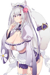 Rule 34 | 1girl, absurdres, animal ear fluff, animal ears, belt, breasts, cleavage, copyright request, flower, hair flower, hair ornament, highres, kichihachi, large breasts, long hair, long sleeves, looking at viewer, miyako miyuri, pink eyes, puffy long sleeves, puffy sleeves, purple belt, simple background, smile, solo, tail, thighs, virtual youtuber, white background, white hair, wide sleeves