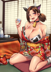 Rule 34 | 1girl, akabeko, alcohol, animal ears, animal print, architecture, bell, bikini, bottle, breasts, brown hair, choko (cup), cleavage, collarbone, cow, cow ears, cow horns, cow print, cup, drinking, east asian architecture, fake animal ears, fake horns, hair ornament, hairclip, happy new year, highres, holding, holding cup, horns, japanese clothes, jewelry, kimono, kotatsu, large breasts, long hair, looking at viewer, necklace, new year, original, purple eyes, sakazuki, sake, sake bottle, shigatsu itsuka, sitting, solo, swimsuit, table, tatami