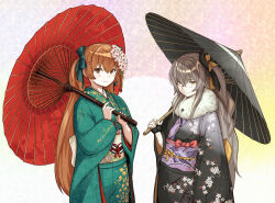 2girls black_kimono black_umbrella brown_eyes brown_hair floral_print floral_print_kimono fur_collar girls&#039;_frontline green_kimono grey_hair hair_between_eyes highres holding holding_umbrella japanese_clothes kimono long_hair looking_at_viewer multiple_girls numazume obi oil-paper_umbrella one_side_up print_kimono red_umbrella sash scar scar_across_eye twintails umbrella ump45_(girls&#039;_frontline) ump9_(girls&#039;_frontline) very_long_hair wide_sleeves