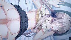 Rule 34 | 1girl, arms up, ass, ass grab, bed, blonde hair, blush, breast press, breasts, breasts out, censored, closed eyes, clothes lift, from above, game cg, groin, highres, indoors, large breasts, legs, long hair, lying, moaning, mosaic censoring, nekonyan, no bra, no panties, on bed, on stomach, open mouth, original, penis, pillow, pussy, serizawa chisa, sex, shirt lift, skirt, skirt lift, solo focus, thigh gap, thighs, tonari ni kanojo no iru shiawase ~two farce~, twintails, vaginal