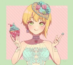 Rule 34 | 1girl, aqua headwear, blonde hair, chagi chage, cherry, closed mouth, cupcake, earrings, food, fruit, green background, green eyes, halterneck, hands up, holding, holding food, idolmaster, idolmaster cinderella girls, idolmaster cinderella girls starlight stage, index finger raised, jewelry, licking lips, looking at viewer, miyamoto frederica, multicolored background, outside border, pink background, short hair, sleeveless, solo, tongue, tongue out, twitter username, upper body